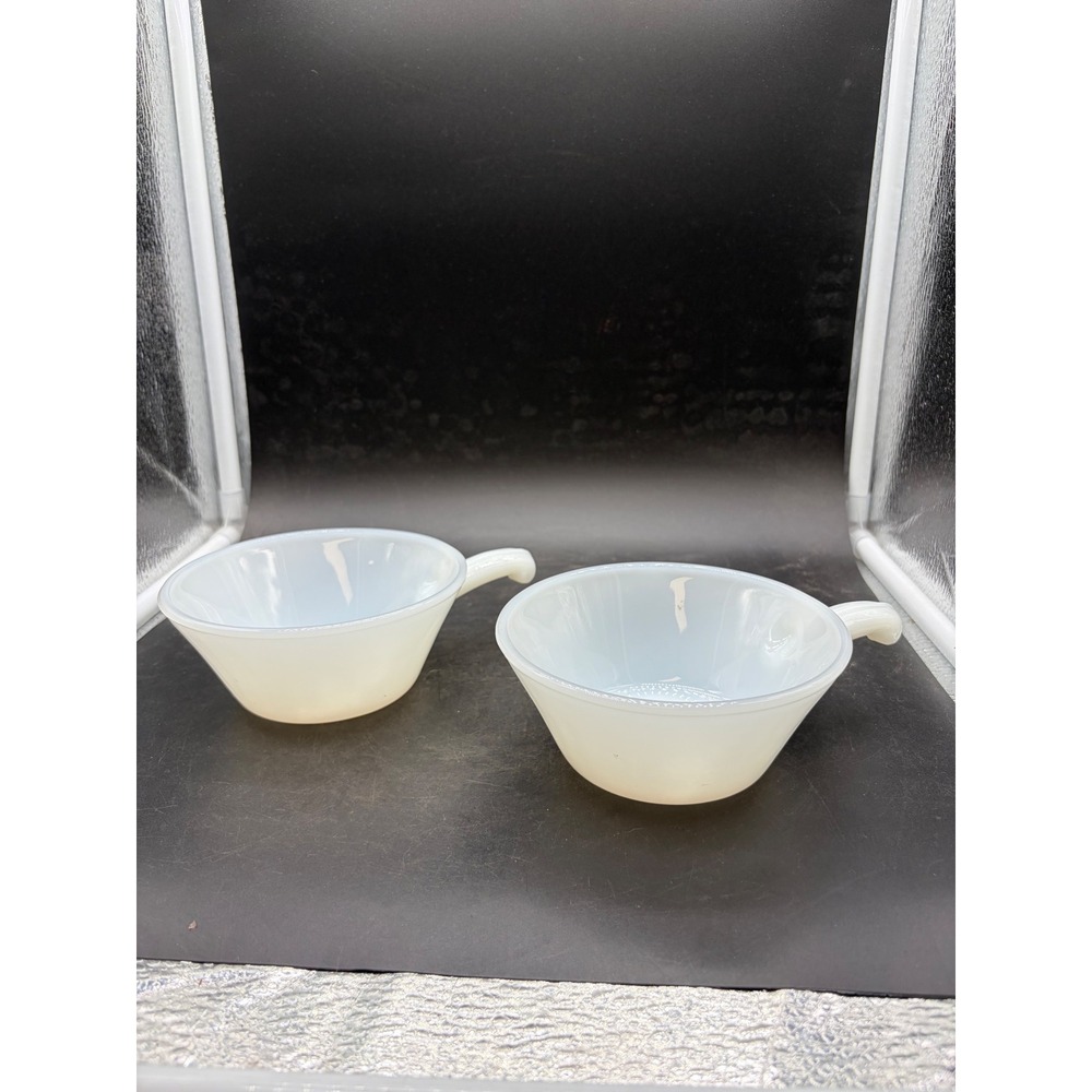 Vintage Fire-King Anchor Hocking White Milk Glass Chili Soup Bowls Handle 2pc